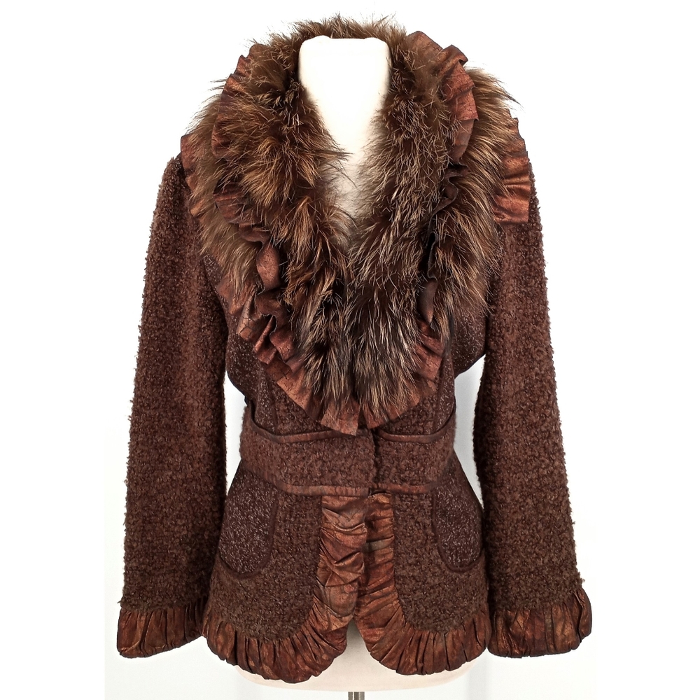 Anis.A Wool Blend Real Fur  Trim Brown Jacket